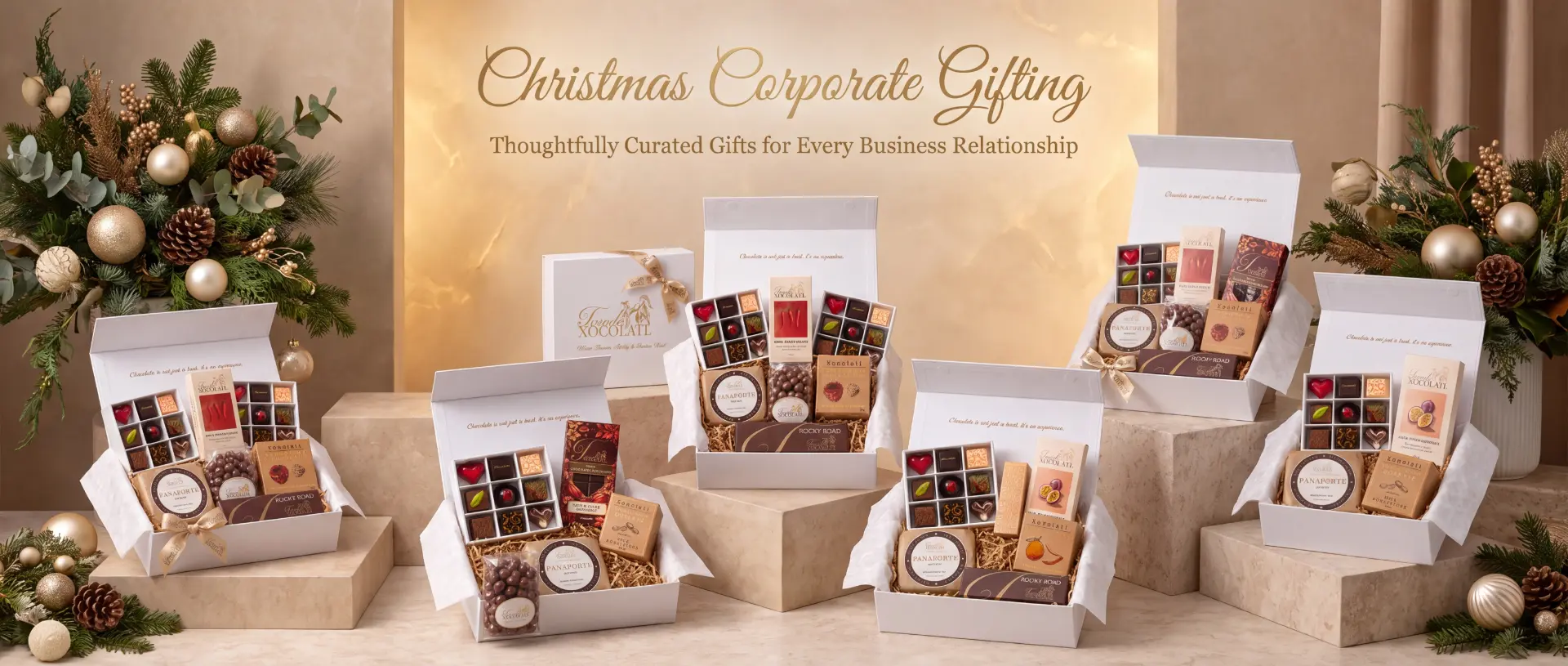 Torode Xocolatl Christmas corporate gifting hampers arranged with festive greenery