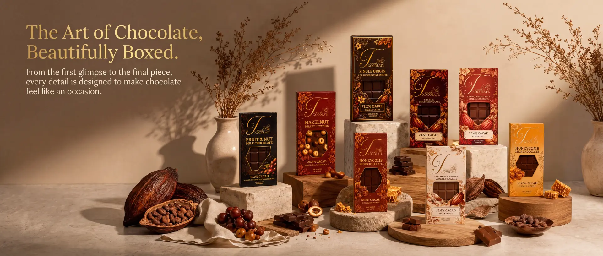 The Art of Chocolate, Beautifully Boxed — Torode Xocolatl chocolate bars displayed with cacao pods and honeycomb