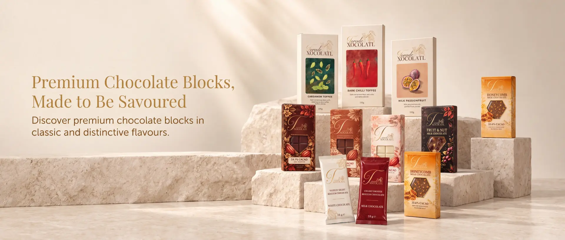Premium Chocolate Blocks, Made to Be Savoured — Torode Xocolatl chocolate blocks in classic and distinctive flavours
